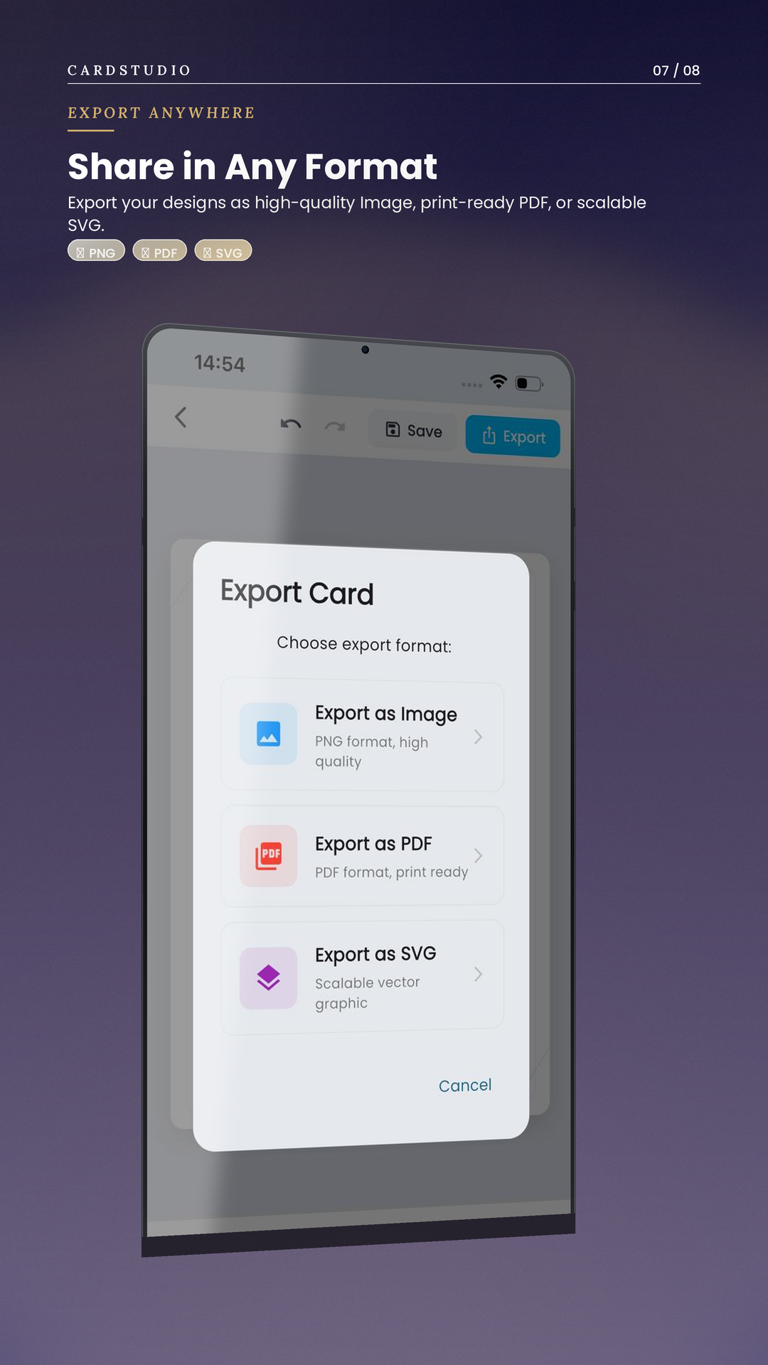 CardStudio export options