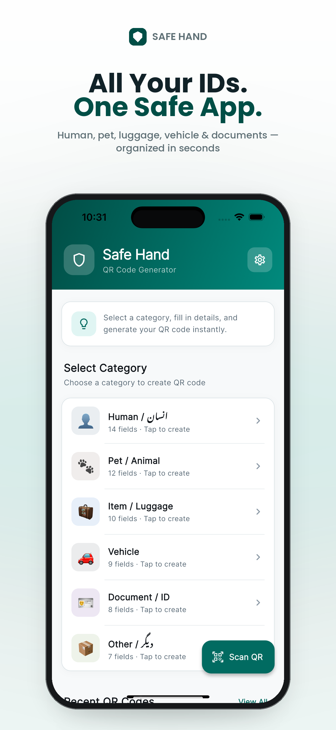 Safe Hand QR code identity organizer screenshot